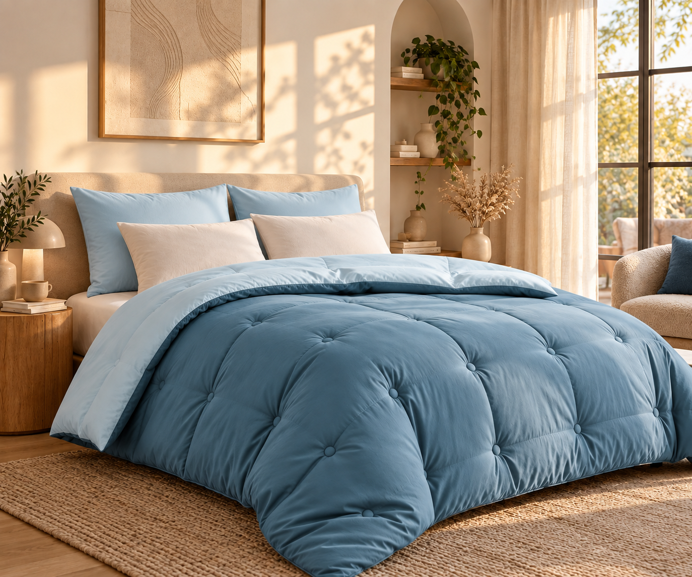 Couette sans housse bleue One2Nap dans une chambre lumineuse